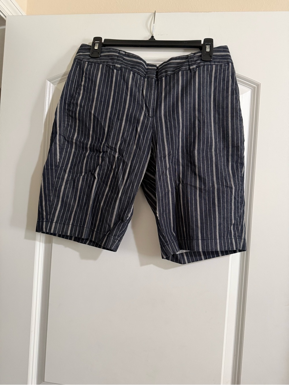 Ann Taylor Navy and White Vertical Stripe Bermuda Shorts